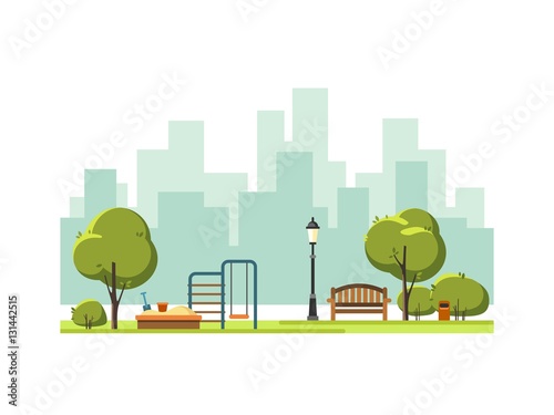 Public park in the city with children playground. Vector illustration.