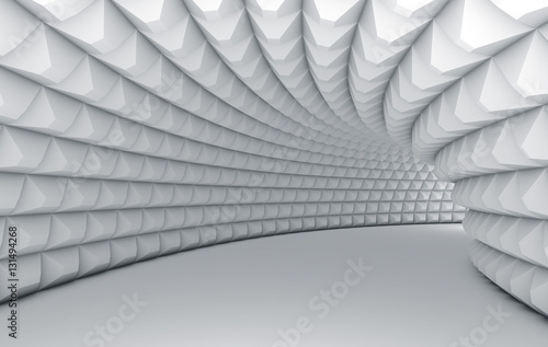 Abstract white tunnel with pyramid textured walls.