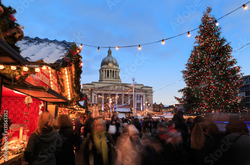 Nottingham, Christmas tree and market and lots of people.