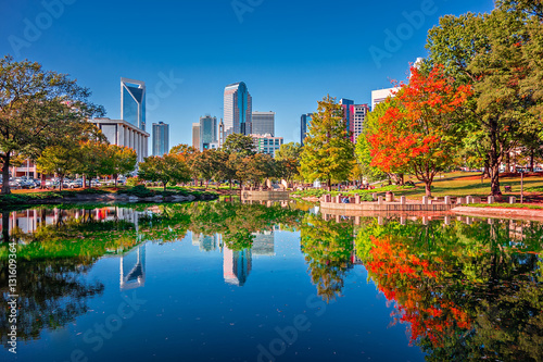 charlotte city skyline from marshall park autumn season with blu