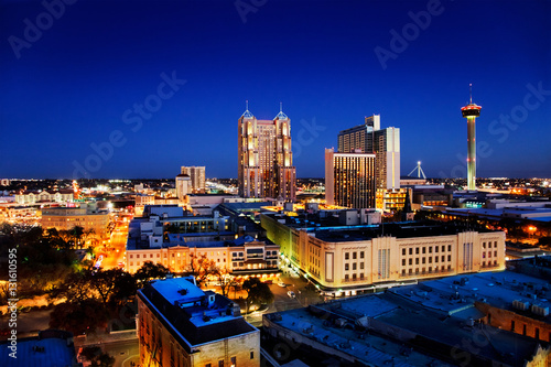 San Antonio downtown just after sunset showing skyline around Tower of the Americas & city lights