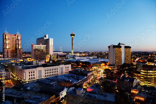 San Antonio downtown just after sunset showing skyline around Tower of the Americas & Alamodome