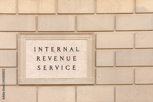 Sign on IRS headquarter building in downtown Washington, DC 