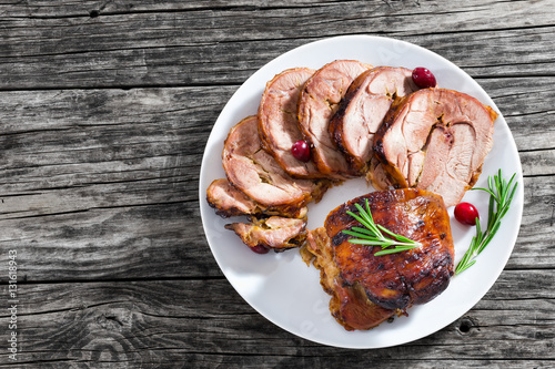 slices of delicious barbecue turkey roulade with cranberry