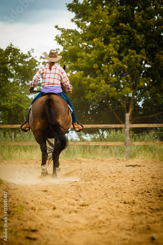 Cowgirl doing horse riding on countryside meadow