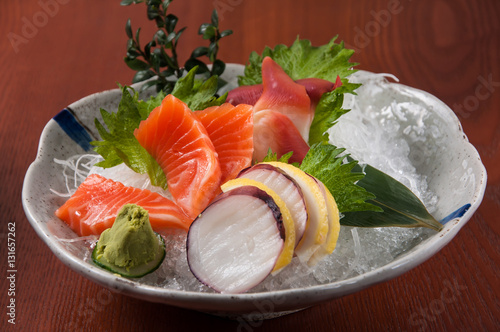 Japanese sashimi sushi set on white plate