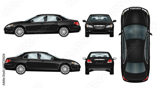 Black car vector template. Business sedan isolated. The ability to easily change the color. All sides in groups on separate layers. View from side, back, front and top.