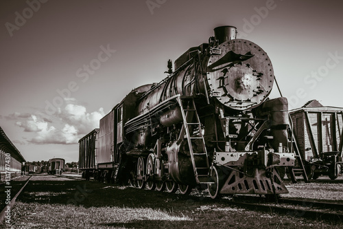 Black and white photography of the old steam train