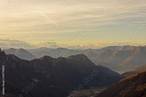 A view of the Alps and Prealps from Valtorta at sunset