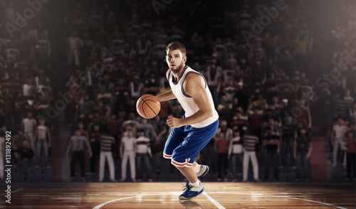 basketball player on professional court arena 3D