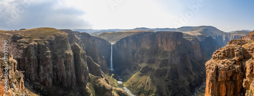 Panorama of the Maletsunyane Falls and large canyon in the mountainous highlands near Semonkong, Lesotho, Africa