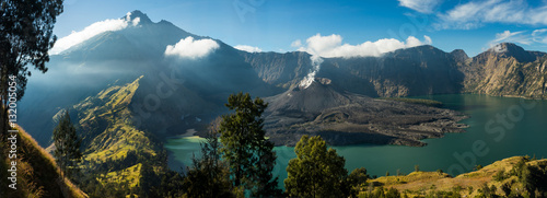 Mount Rinjani Crater Lake: View of crater lake and summit, volcano "Gunung Rinjani", Lombok, Indonesia.