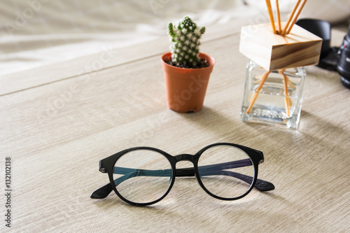 Glasses on wooden table