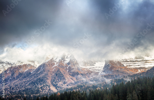 Beautiful alpine landscape. The high mountains, snowy peaks and
