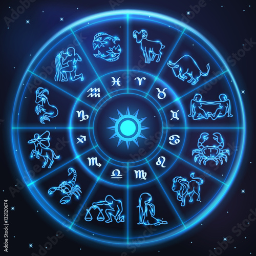 Light symbols of zodiac and horoscope circle, astrology