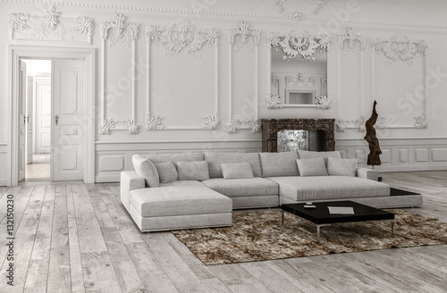 Neutral monochrome white classical living room