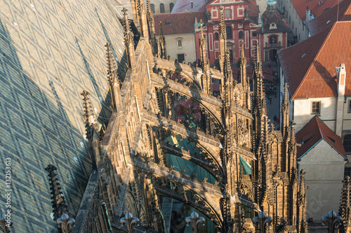 Roof line of the gothic St Vitus Cathedral in the Prague Castle Complex