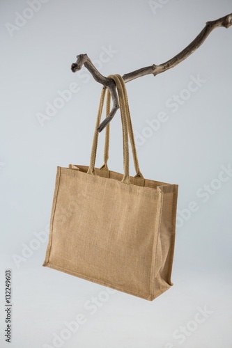 Jute bag hanging on a tree branch