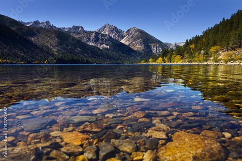 Twin Lakes near Bridgeport, CA. Mountain lake with reflections and clear water showing the rocks beneath.