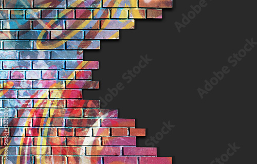Old brick, broken colorful painted wall with dark copy space