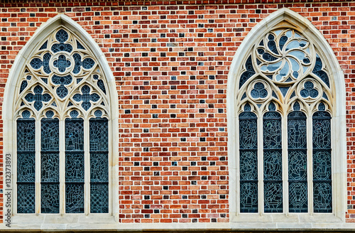 Windows with stained glass in Gothic church in Wroclaw.