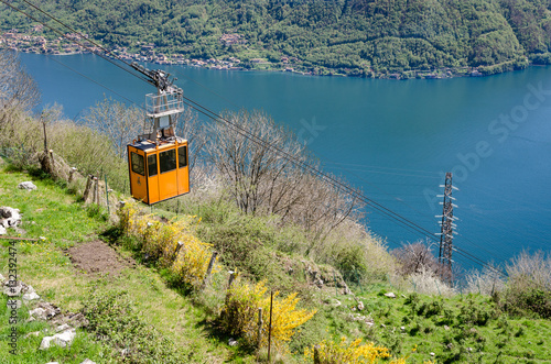 Lago di Como (Lake Como) scenic view with cable car between Argegno and Pigra