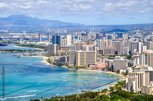 Panorama view of Honolulu and Waikiki Beach seen from Diamond Head Crater on the island of Oahu, Hawaii, USA. Hawaii is a popular tourist destination for Americans and Asians.