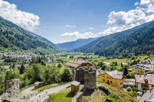 castle in italian alps, scenic view of the "Val Di Sole" an italian vally on alps from the castle in Ossana