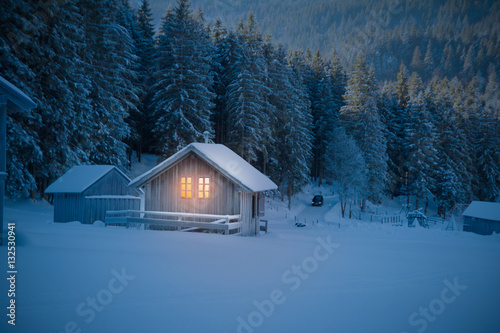 wooden house in night