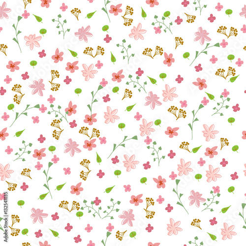 Hand-drawn seamless flower pattern. Abstract simple flowers, twigs and leaves. Floral vintage background for textile, cover, wallpaper, gift packaging, printing, scrapbooking.