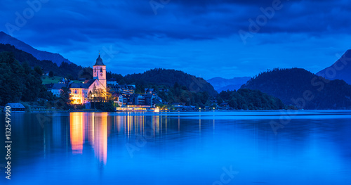 View on the lakefront of the city of St. Wolfgang, Austria in blue hour