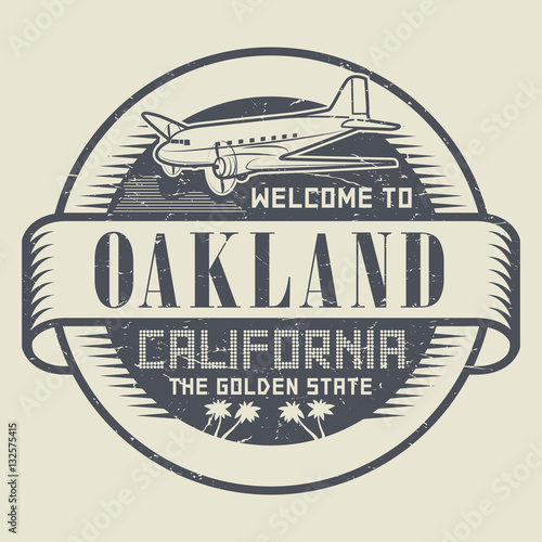 Stamp with airplane and text Welcome to California, Oakland