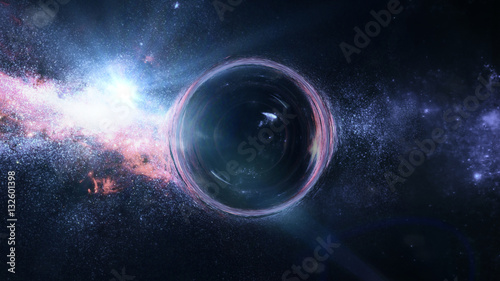 black hole with gravitational lens effect in front of bright stars (3d illustration, Elements of this image are furnished by NASA)