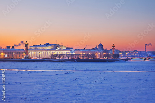 The Stock Exchange and the Rostral Columns. Spit of Vasilievsky Island. Saint-Petersburg. Russia