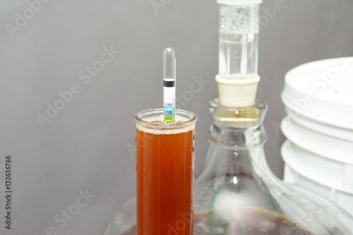 Home brew beer hydrometer with glass beer carboy in background