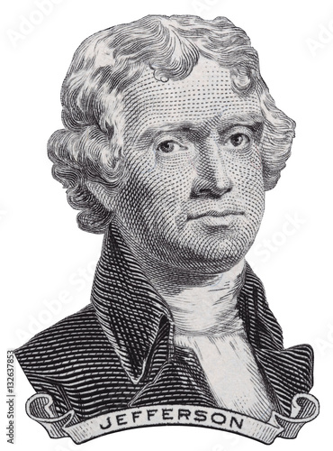 US President Thomas Jefferson face on USA two dollar bill macro isolated, United States of America money closeup