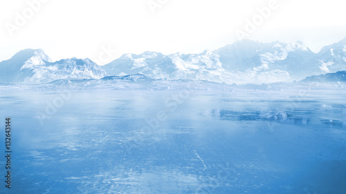 frozen lake with surrounding snow covered rocky mountains