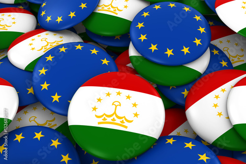 Tajikistan and Europe Badges Background - Pile of Tajikistani and European Flag Buttons 3D Illustration