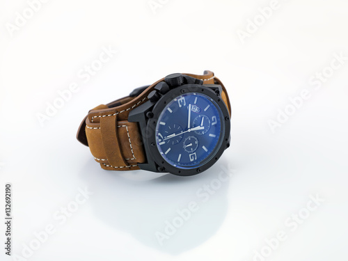 Man watch with brown leather strap