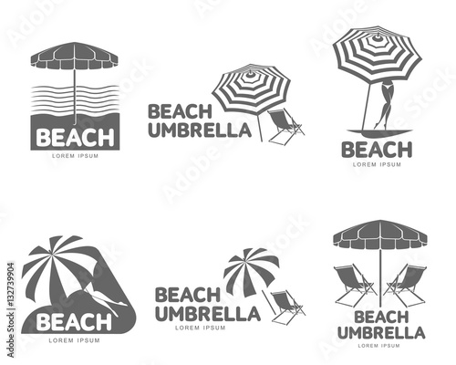 Logo templates with beach umbrella and sun bathing lounge chairs, vector illustration isolated on white background. Black and white graphic logotypes, logo templates with sunshade umbrellas