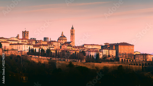 Bergamo Alta old town colored af sunset's lights - Lombardy Italy