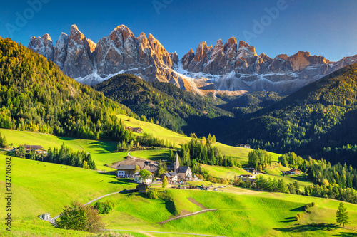 Stunning spring landscape with Santa Maddalena village, Dolomites, Italy, Europe