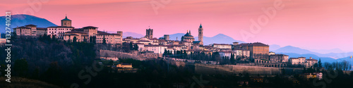 Bergamo Alta old town colored af sunset's lights - Lombardy Italy