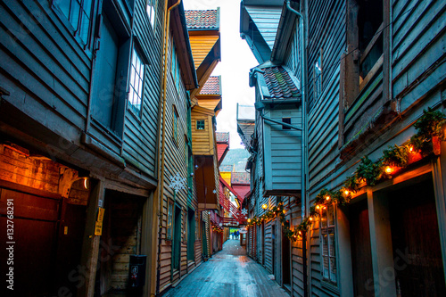 Norway Bergen wooden houses backyard of harbour hanseatic city for merchants