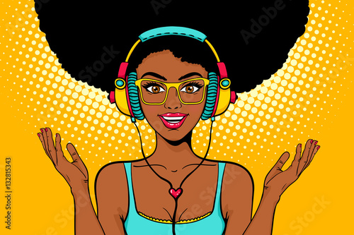 Young sexy african american black woman with open smile in headphones listening to the music and spreading her hands. Vector bright background in pop art retro comic style. Party invitation poster.