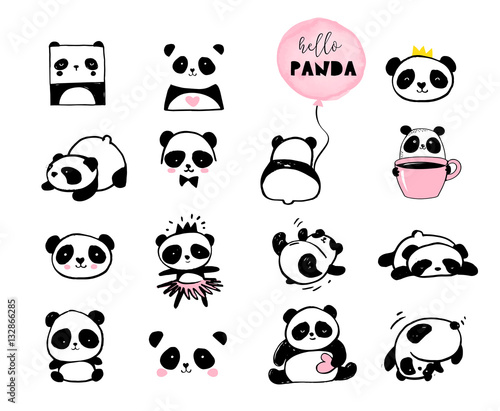 Cute Panda bear illustrations, collection of vector hand drawn elements, black and white icons