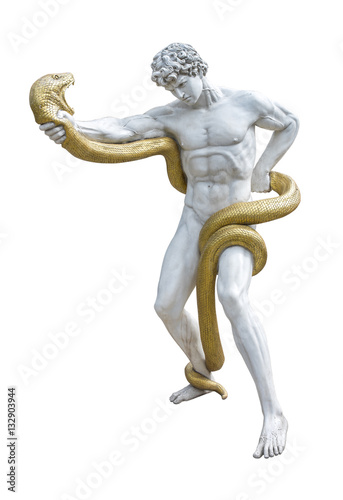 Statue of Heracles fighting with a giant snake isolated on white