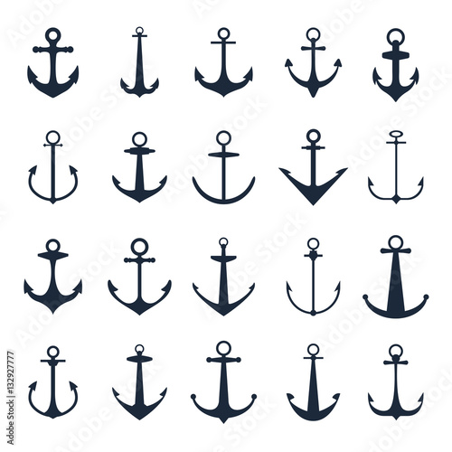 Anchor icons. Vector boat anchors isolated on white background for marine tattoo or logo