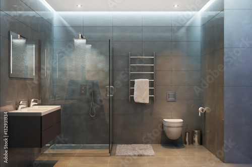 Gray modern shower room in the evening