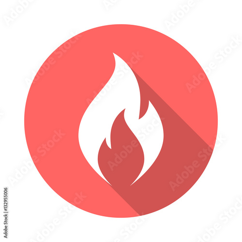 Fire flame icon with long shadow. Flat design style. Round icon. Fire flame silhouette. Simple circle icon. Modern flat icon in stylish colors. Web site page and mobile app design vector element.